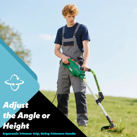 Person using ergonomic weed eater handle with grip extension for back support and enhanced leverage trimmer handle.