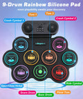 Portable Roll Up Electric Drum Kit With 9 Pads And Dual Stereo Speakers Bluetooth MIDI Practice Ready For Kids And Adults Beginners Includes Pedals Sticks And Headphone Support showing labeled drum pads