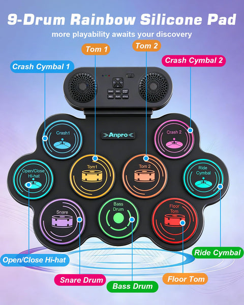 Portable Roll Up Electric Drum Kit With 9 Pads And Dual Stereo Speakers Bluetooth MIDI Practice Ready For Kids And Adults Beginners Includes Pedals Sticks And Headphone Support showing labeled drum pads