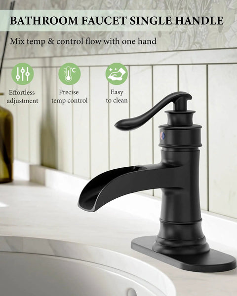 Bold Matte Black Waterfall Bathroom Faucet For Farmhouse Vanity With Single Hole Centerset One Handle Mixer Tap Pop Up Drain Overflow Antique Look Durable Metal Construction Easy Install