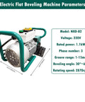 Heavy Duty Electric Plate Beveling Machine With Slick Pipe Edge Chamfering Gear For Straight Metal Side Grinding And No Fuss 30 To 60 Degree Weld Prep Angles At 220V side view showing model NRD-B2 with specs and handle.