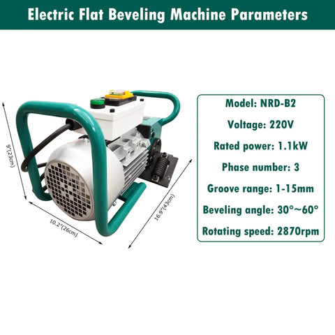 Heavy Duty Electric Plate Beveling Machine With Slick Pipe Edge Chamfering Gear For Straight Metal Side Grinding And No Fuss 30 To 60 Degree Weld Prep Angles At 220V side view showing model NRD-B2 with specs and handle.