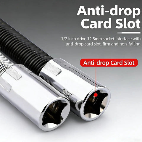 Flexible Shaft Extension For Impact Tools 360 Degree Bend To Reach Tight Auto Repair Spaces Half Inch Drive with end sockets.