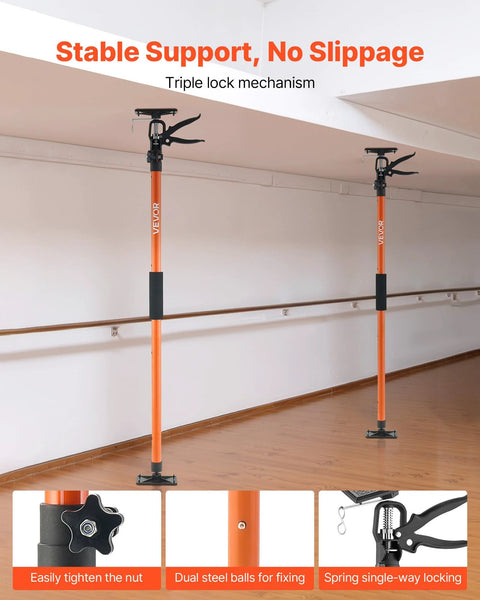 Two orange VEVOR cabinet jack support poles with clamps; steel telescoping rods, adjustable up to 154 lb capacity
