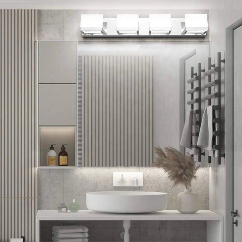 Sleek Four Light LED Vanity Light Chrome Bathroom Fixture With Up And Down Lighting Wall Mount Over Mirror Acrylic Frosted Shade Stainless Steel Finish 6000K Daylight White