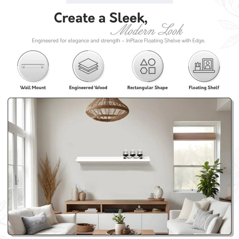 White Floating Wall Shelf With Picture Ledge Easy To Install No Fuss To Remove Modern MDF Shelves With Hidden Brackets Wall Mount Storage 4.5 Inch Deep 35.4 Inch Wide 3.5 Inch High Clean Contemporary Look in a living room setting, displaying small decor and plants.