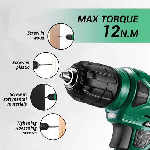 Close-up of Sweet Green 8V Cordless Drill Tool Kit with torque details for wood, plastic, and metal usage.