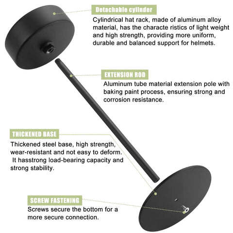 Sturdy Metal Hat Stand For Desk Or Shelf assembly details, showing detachable cylinder, extension rod, thickened base, black finish