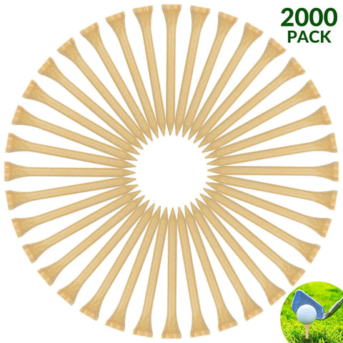Bulk 2000 Pack Bamboo Golf Tees Two And Three Quarters Inch Natural Wood Color Friction Reducing Tees arranged in circle pattern