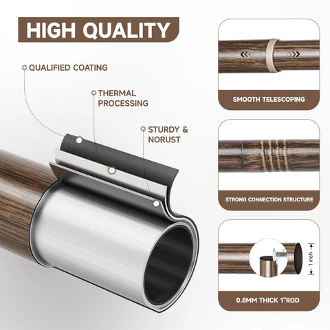 High quality Walnut Wood Grain Curtain Rod Set Go-To Heavy Duty Iron Rods with 1 Inch Diameter