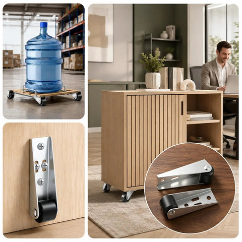 No Sweat Six Pack Mini Rigid Caster Wheels Low Profile Silver Smooth Rollers Fixed Non Swivel Furniture Gliders on cabinet.