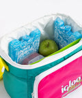 Maxcold Ice Block Four Pack Reusable Freezable Gel Cooling Blocks in lunch bag with apple and container