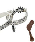 Rodeo Ready Western Spurs With Leather Spur Straps Engraved German Silver Trims And Rowels All In One Set For Men And Women