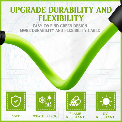Tesla Compatible Nema TT-30 Adapter For Gen 2 Mobile Connector green flexible cable showcasing durability and safety features.