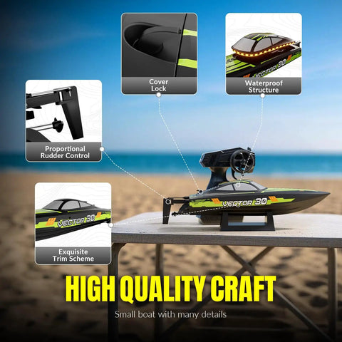 Adrenaline Fueled RC Boat For Adults With 2.4GHz Remote, 30mph Speed, Waterproof Electric Hull on beach table.