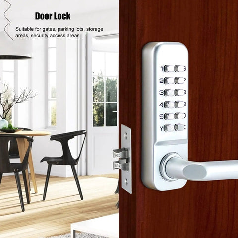 Battery Free Mechanical Combination Code Lock With Double Sided Keypad For Outdoor Gates And Exterior Doors installed on wooden door