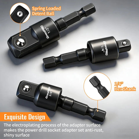 Close-up of Flexible Drill Bit Extension Set Four Piece With 1/4 To 1/2 Inch Socket Adapters featuring spring-loaded detent ball.