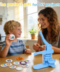 Mother and child using DIY Button Maker Kit With 3 Size Molds 2.28 Inch, 1.25 Inch And 1 Inch Includes 500 Button Blanks Plus 15 Fridge Magnets