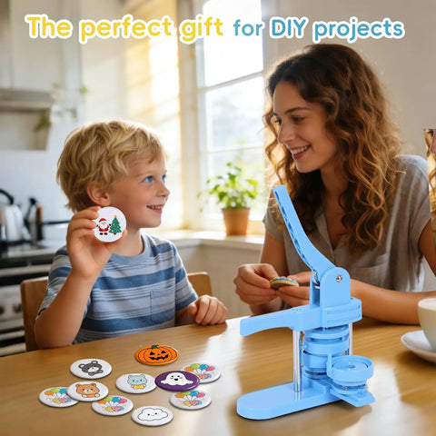 Mother and child using DIY Button Maker Kit With 3 Size Molds 2.28 Inch, 1.25 Inch And 1 Inch Includes 500 Button Blanks Plus 15 Fridge Magnets