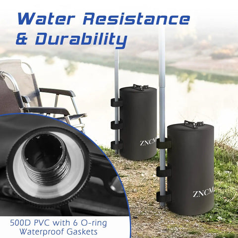Canopy Water Weight Bags Four Pack Total 88 Lbs attached to tent legs, close-up of 500D PVC and gasket detail