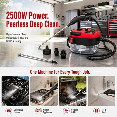 2500W Portable High Temperature Steam Cleaner Handheld for Car Detailing Furniture Kitchen Grout Floors and Tile Red Power displayed with accessories.