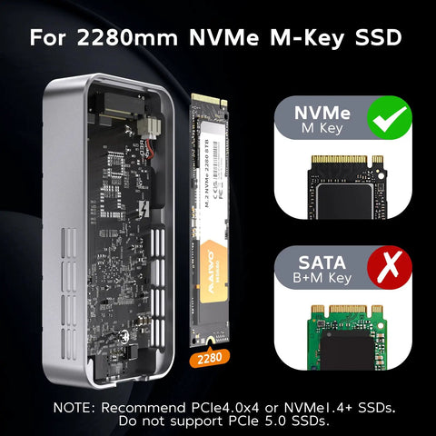 Beast Mode Speed M2 Nvme Ssd Enclosure With Smart Cooling Fan And Tough All Metal Shell Supports Thunderbolt 5 4 3 Usb4 Port Tool Free Setup For Legit Fast Data Moves Up To 8Tb Storage showing internal components and 2280mm NVMe M-Key SSD.