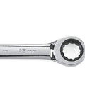 Close-up of a 13mm wrench from the Ratcheting Combination SAE and Metric Wrench Set, Ten Piece, 12 Point, 72 Tooth Box End, Off Corner Load Design for Better Grip, Thin Head for Confined Areas, Durable Hand Tools for Pros.