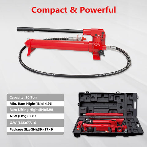 Built Like A Tank Professional Grade 10 Ton Porta Power Hydraulic Jack Kit With Heavy Duty Pump presented with hose and case.