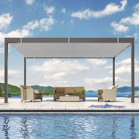 4 By 5 Feet Sun Shade Sail With Durable Grommets Heavy Duty UV Blocking Mesh For Outdoor Patio Deck or Porch 170 GSM HDPE Shade Canopy Cover Ideal for Backyards Poolside and Porches installed over a seating area next to a pool