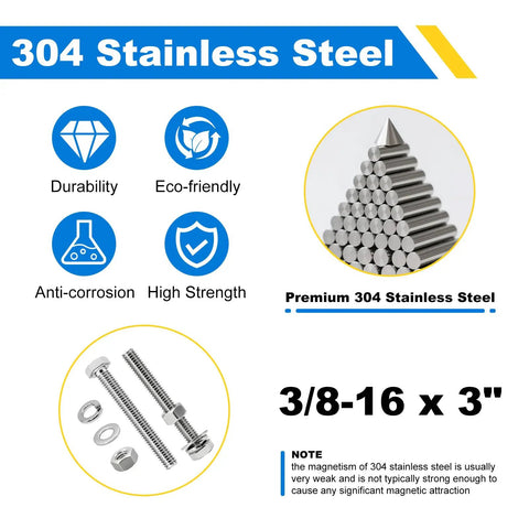 Heavy Duty 3/8-16 Hex Bolt Set Kit Five 3 Inch Stainless Steel 304 Right Hand Bolts With Nuts Flat Washers And Spring Lock Washers