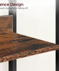 Close-up of fence design on Five Tier Bookshelf, tough metal shelf with rustic brown finish preventing items from falling off.