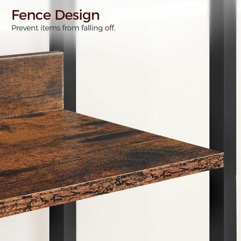 Close-up of fence design on Five Tier Bookshelf, tough metal shelf with rustic brown finish preventing items from falling off.