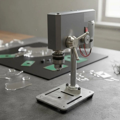 Compact Mini Drill Press Desk Machine Adjustable 12-24V Power Stable Bench Tool With 0.6-6mm Chuck For DIY Workshops Home Projects, showing a side view.