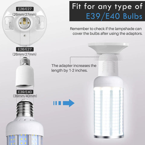 Diagram of E26 To E39 Socket Adapter 3 Pack Mogul Base Converter showing fit with light bulb in home or office setup.