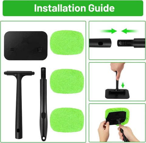 Inside Windshield Cleaning Tool With 22 Inch Detachable Handle For Clear Vision And Easy Car Detailing Grab And Go Pro Grade Microfiber Pad Reusable For 100 Plus Uses Interior Window Squeegee For Home And Outdoor Glass Auto Glass Cleaner Kit installation guide showing detachable handle and microfiber pads