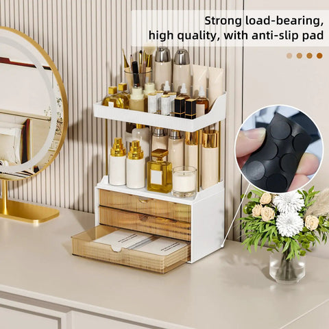 Super Clear Acrylic Vanity Drawer Organizer For Bedroom And Bathroom Counter To Store Skincare Perfume Makeup And Cosmetics with two drawers and upper storage.