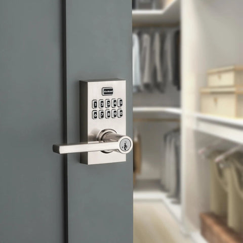 Keypad Keyless Entry Electronic Lever Lock With 12 User Codes And One Time Codes, Satin Nickel Finish on a home door