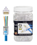 Jar of 100 Pack Pass Through RJ45 Connectors For Cat6 Ethernet, 8P8C Gold Plated Ends, with example of wire alignment and connector.