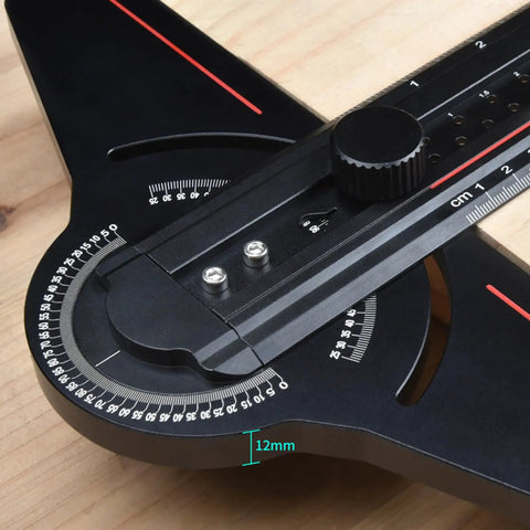 Close-up of Pro Grade Layout Measuring Tool with Angles Finder for Woodworking and Construction, black aluminum ruler.