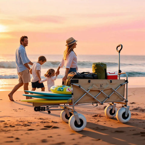 Beach Wagon With Big 10 Inch Balloon Wheels For Sand And All Terrain, Heavy Duty Foldable Cart That Handles 450 Pounds on beach