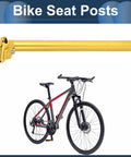 Universal 27.2x350mm Bike Seat Post In Gold Tone Aluminum Alloy, Extra Long With Adjustable Angle, shown with a road bike.