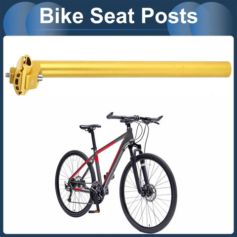 Universal 27.2x350mm Bike Seat Post In Gold Tone Aluminum Alloy, Extra Long With Adjustable Angle, shown with a road bike.