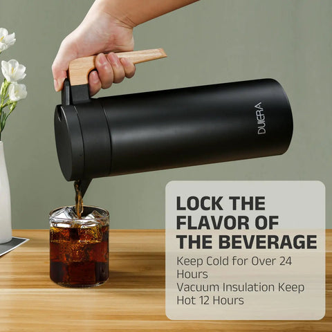 Double Walled Stainless Steel Thermal Coffee Carafe 51 Oz Keeps Your Drinks Hot Or Cold For Hours, 1.5 L Beverage Dispenser With BPA Free Lid, Black, pouring