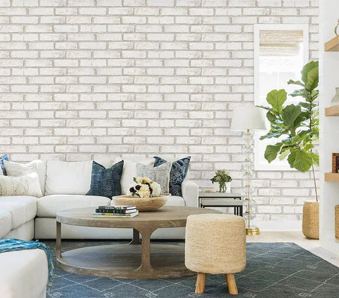 Living room with Peel And Stick Faux Brick Wallpaper Self Adhesive White And Beige Roll 17.7 By 472.4 Inches Removable Wall Covering