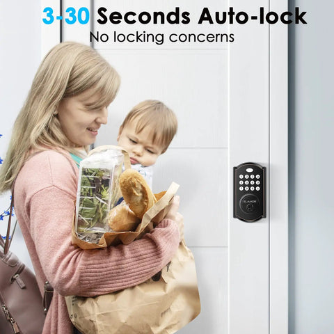 Woman holding groceries using Easy Install Keyless Entry Door Lock With Bluetooth App Control, Keypad And Waterproof Electronic Deadbolt