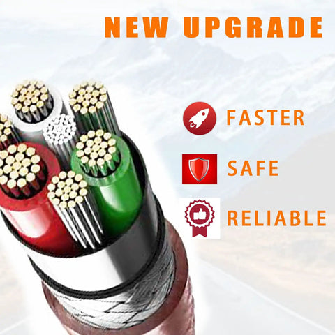 Close-up of multi-colored insulated electrical wires with faster, safe, reliable text