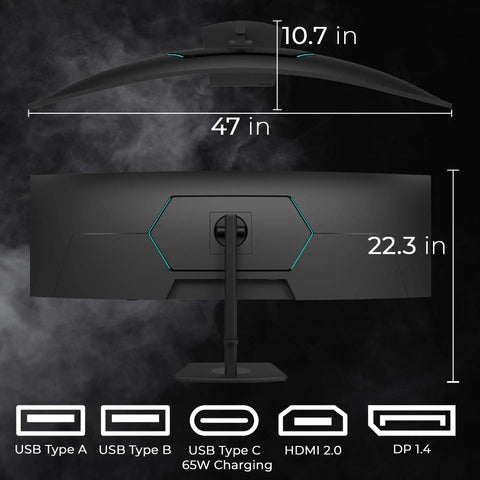 Rear view of Massive 49 Inch Curved Ultrawide Monitor With Dual QHD 5120x1440, ports visible, ergonomic stand highlighted