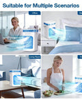 Three In One Portable Air Conditioner Humidifier And Ice Fan with timer in office, bedroom, living room, and kitchen settings.