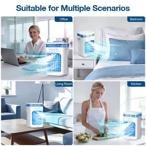 Three In One Portable Air Conditioner Humidifier And Ice Fan with timer in office, bedroom, living room, and kitchen settings.