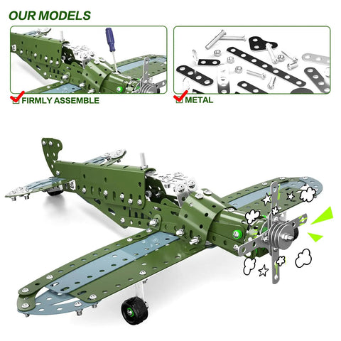 Metal Aircraft Building Kit For Kids 8 To 12 258 Piece STEM Construction Set With Nuts Bolts Screwdriver Wrench DIY Model Airplane Building Toy